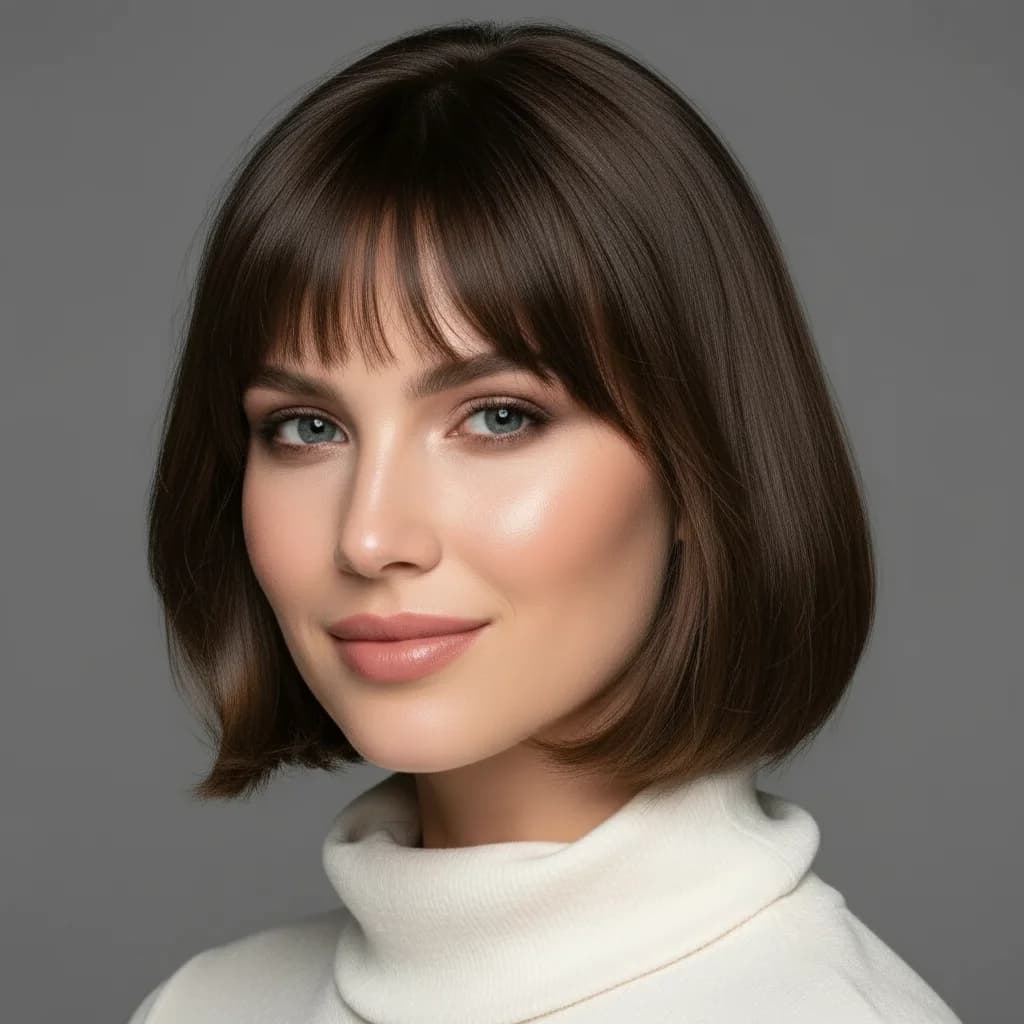 Curtain bangs hairstyle reference for a diamond-faced woman