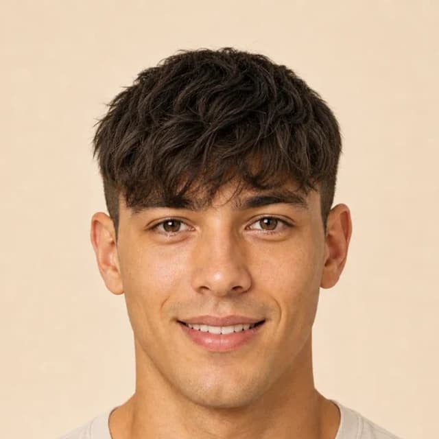 Short men’s fringe hairstyle reference for an oblong face