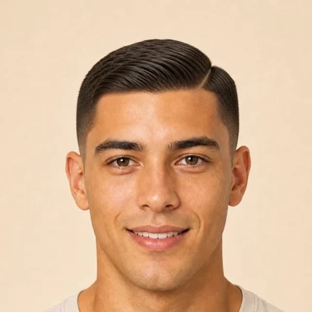 Men’s side-part hairstyle reference for a round face