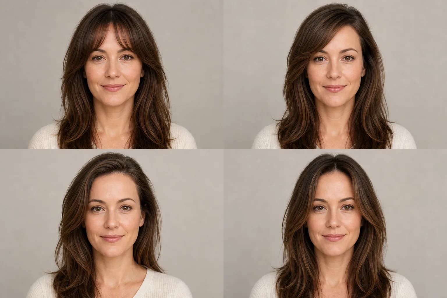 The same woman with a prominent forehead comparing curtain bangs, side-swept fringe, side part, and long face-framing layers