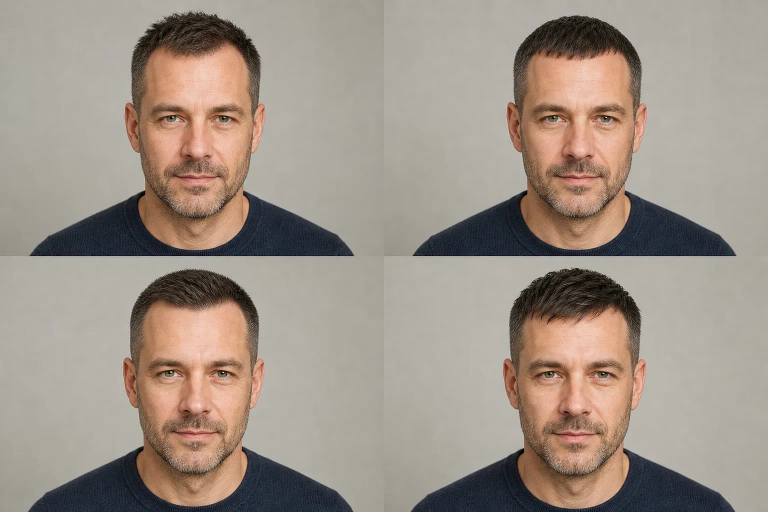 The same man with a receding hairline comparing a textured crop, Caesar cut, crew cut, and short fringe