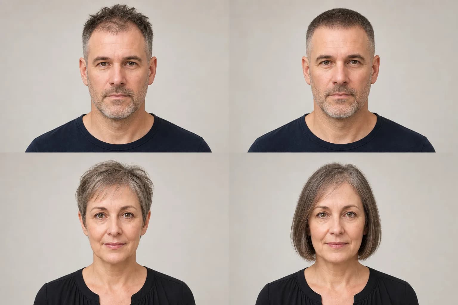 Men and women with realistic thinning hair comparing a textured crop, crew cut, soft pixie, and blunt lob