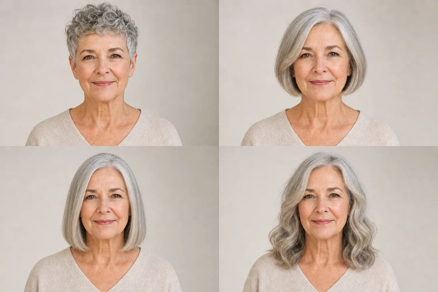 The same woman over 60 comparing a curly pixie, classic bob, blunt lob, and soft waves