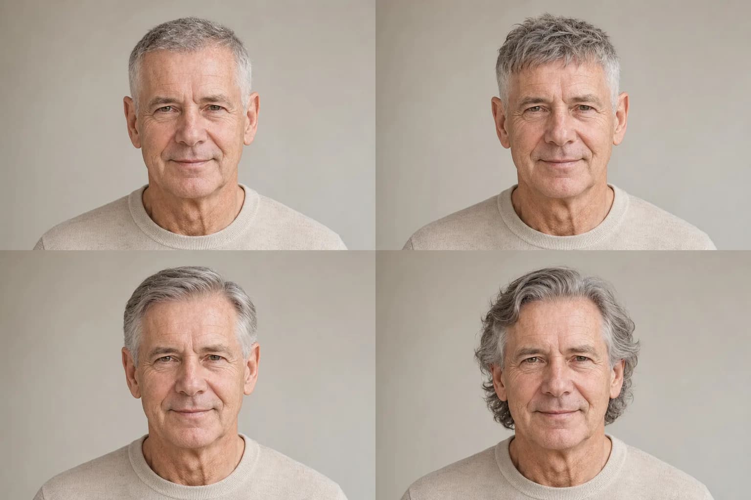 The same older man comparing a crew cut, textured crop, classic side part, and longer natural waves